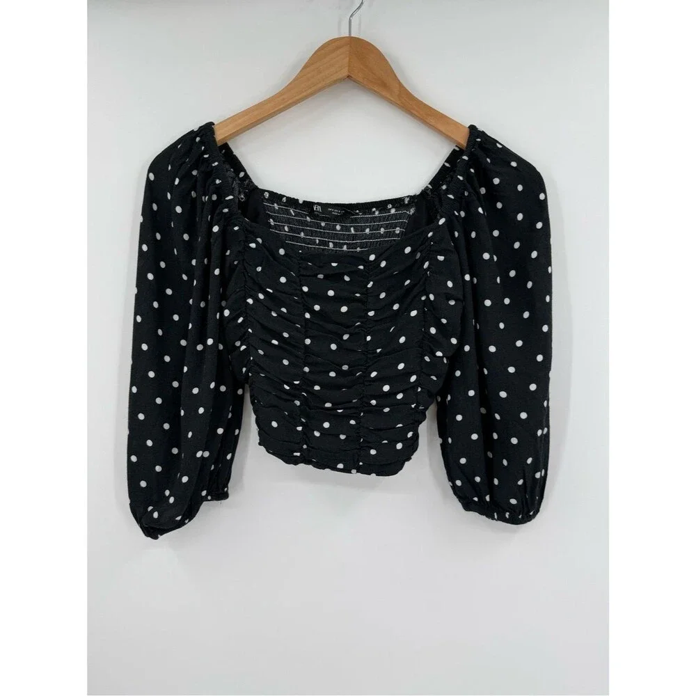 Zara Ruched Puff Sleeve  Polka Dot Crop Top | Black / White | Small